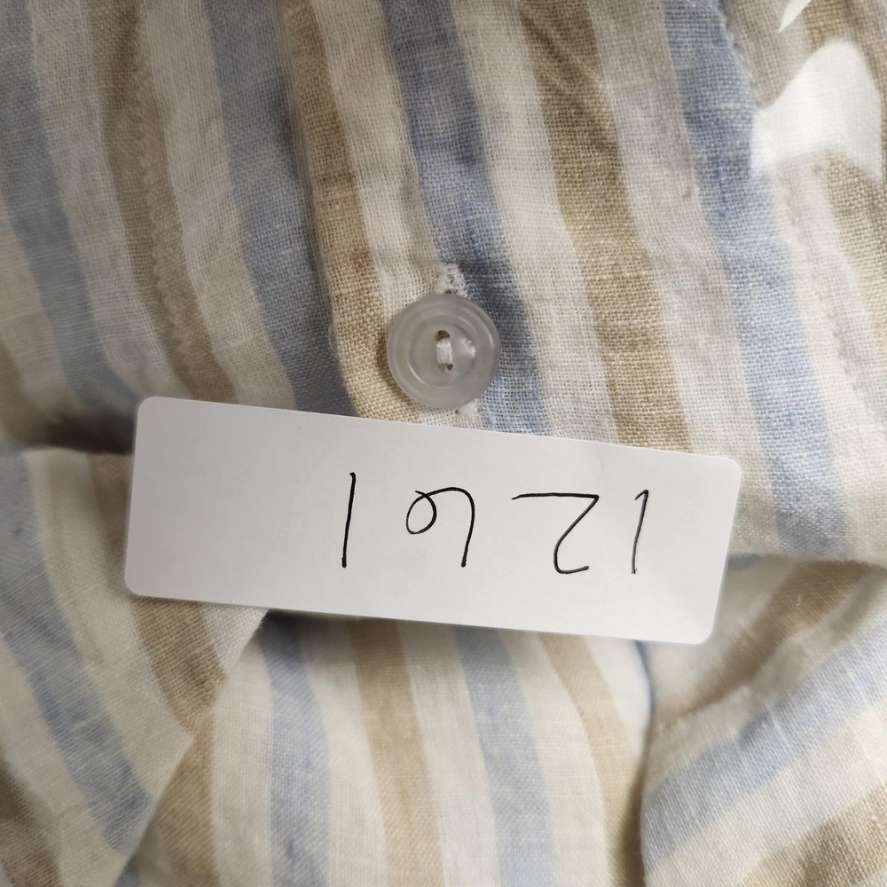 Linda Lundstrom Shirt Womens 6 Beige Blue Striped Linen Button‎ Up Made Canada - Picture 10 of 10